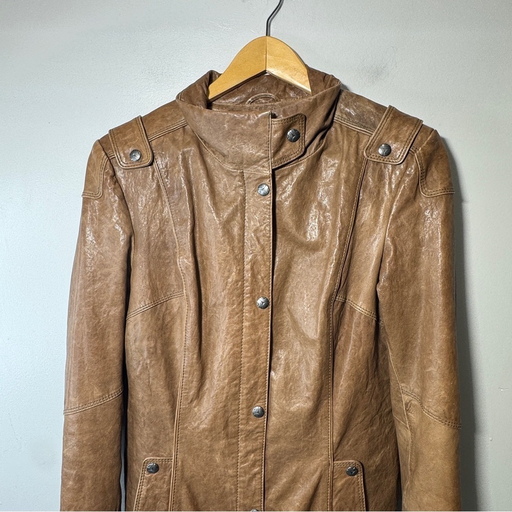 Y2K Danier Brown Leather Utility Jacket Snap Front Stand Collar Size Small - Picture 3 of 16